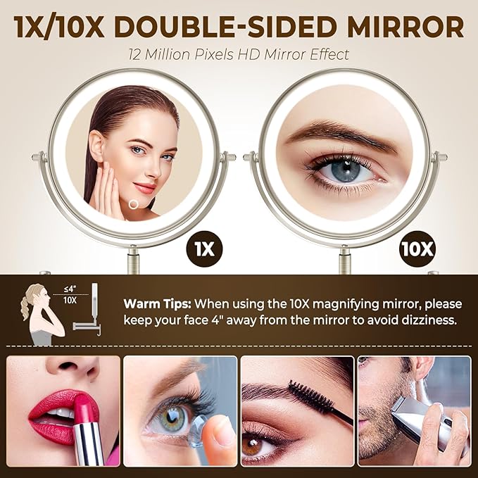 8" Wall Mounted Lighted Makeup Mirror, 3000mAh Rechargeable Double Sided 1X/10X Magnifying Mirror with Hook, 3 Color Lights Touch Dimmable 360° Rotation Vanity Mirror for Bathroom