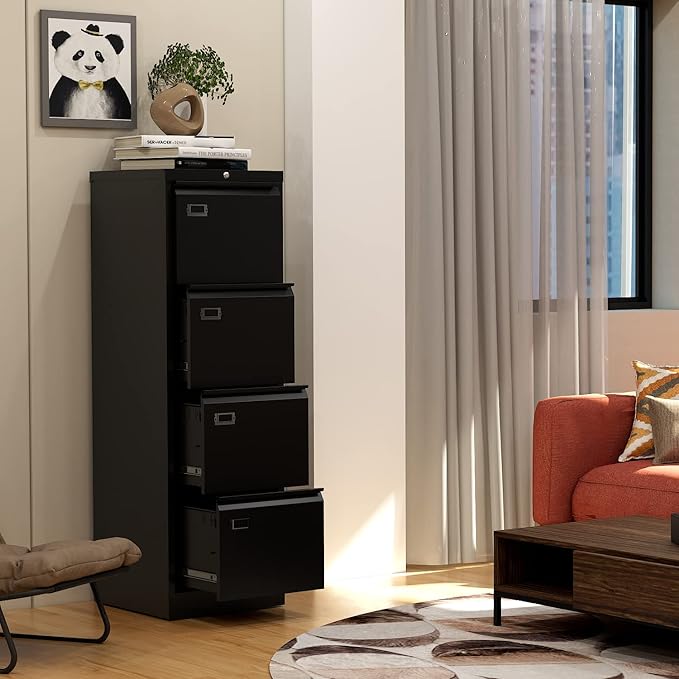 File Cabinet - 4 Drawers Vertical 17.8" Deep Lockable Filing Cabinet Black Metal Storage Cabinets for Home Office to Hanging Files Letter/Legal/F4/A4 Size