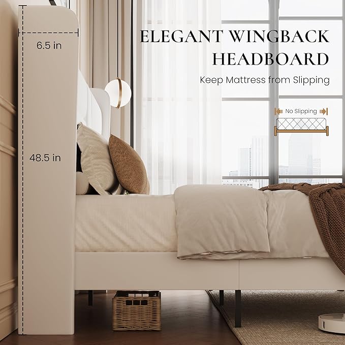 SHA CERLIN King Size Bed Frame with Charging Station & Storage Shelf, Velvet Upholstered Modern Platform Bed with Wingback Headboard, Wooden Slats Support, No Box Spring Needed, Easy Assembly, White