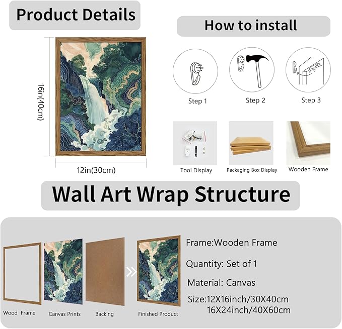 Framed Japanese Waterfall Canvas Wall Art, Abstract Landscape Wall Decor Paintings, Blue Green Nature Mountain Pictures Prints Zen Aesthetics Home Decor for Living Room Bedroom Bathroom 16x24 inch