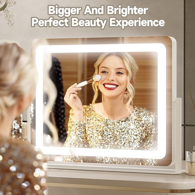 PRIMETEK Vanity Mirror with Lights, 22"x19" Large Makeup Mirror with Lights, Hollywood LED Lighted Makeup Mirror, Touch Sensor with 3-Color Lighting, Dimmable for Vanity Desk Tabletop, Bedroom, White