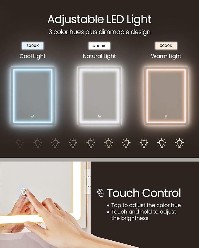 VASAGLE Kailyn Collection - Vanity Desk with Power Outlets, Makeup Vanity with Mirror and Lights, LED Lights, 6 Compartments, 2 Drawers, for Bedroom, Cloud White URDT031WB02S