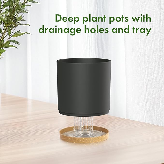 12/10/8 inch Large Plant Pots, 3 Pack Tall Deep Cylinder Flower Pots for Outdoor Indoor Plants, Plastic Planters with Drainage Holes and Saucers for Garden House Plants, Black with Brown