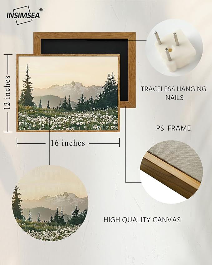 InSimSea Framed Canvas Wall Art Vintage Decor, Forest Wall Decor for Living Room Bedroom Bathroom Office, Nature Landscape Wildflowers Mountains Oil Painting Prints, Home Desk Decorations, 12x16inch