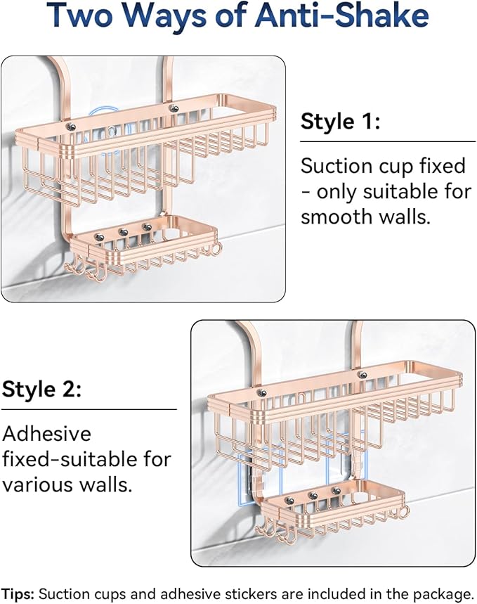YASONIC Shower Caddy Hanging - Never Rust Shower Organizer - Aluminum over The shower head caddy with 10 Hooks for Razor/Sponge - Shower Rack with Soap Basket - Rose Gold