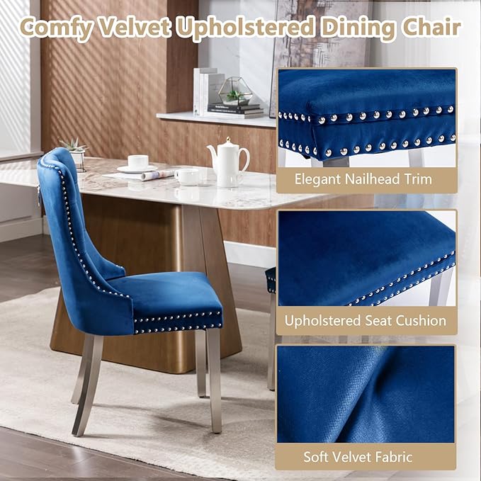 Goujxcy Modern 7 Piece Glass Dining Table Set Luxury Glass Kitchen Table and Chair Set for 6, 70" Large Rectangular Dining Room Table with 6 Tufted Chairs and Stainless Steel Legs (Silver & Blue)