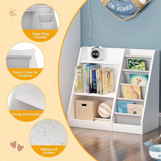 White Kids Bookshelf Wood Toy Storage Organizer Cabinet Children Bookcase Toddler Baby Sling Book Rack Adjustable Shelf for Playroom Bedroom Nursery Hallway School Kindergarten