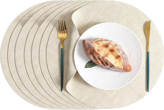 Round Placemats Set of 8, Reversible Faux Leather Waterproof and Heat Resistant Place Mats, Beige Oilproof Wipeable Washable Table Protective Placemats for Indoor & Outdoor