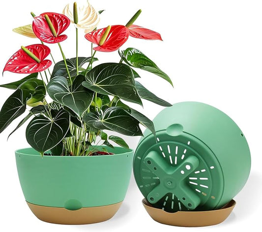 12 Inch Pots for Indoor Plants, Large Self Watering Planters with Drainage and Saucers, Plastic Outdoor Flower Pot, Set of 2, Green