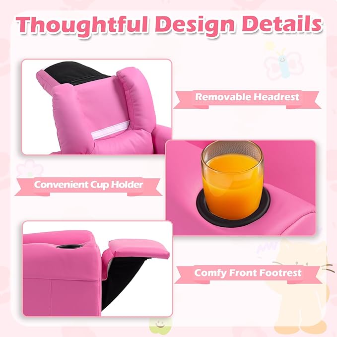 AVAWING Kids Recliner Chair with Cup Holder, Leather Toddler Recliner with Adjustable Backrest, Curved Rocking Legs and Comfy Armrests for Bedroom or Nursery, Pink