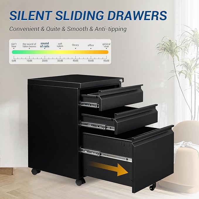 3 Drawer Vertical File Cabinet, Black Mobile Filling Cabinet with Lock for Legal/Letter Size, Pre-Built Office Storage File Cabinet with Wheels Under Desk - Fully Assembled
