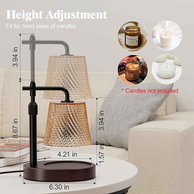 Candle Warmer Lamp with Timer Dimmable - Height Adjustable Candle Warmer for Jar Candles - Birthday Gifts for Women Mom - House Warming Gifts New Home Decor (Walnut Base Amber Shade)
