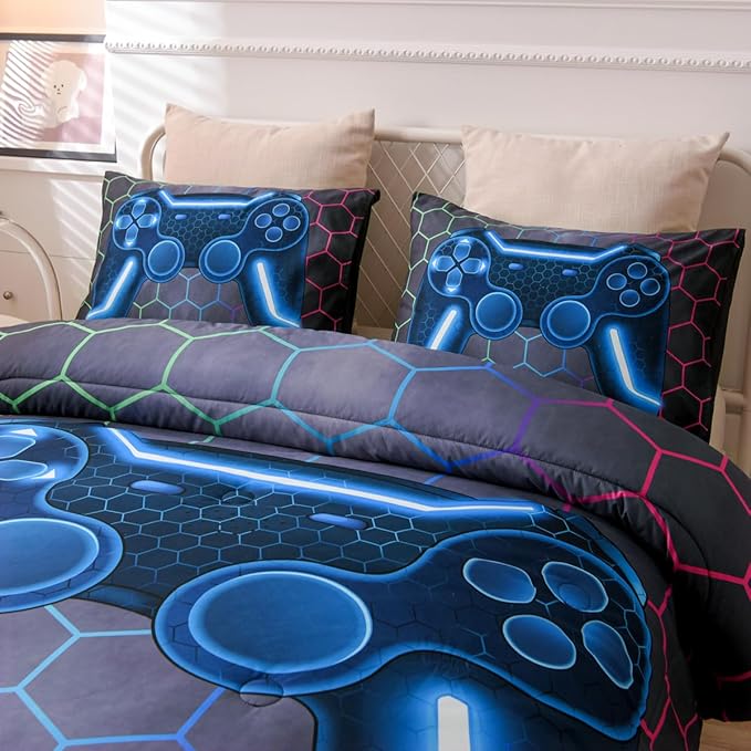 NTBED Game Console Comforter Set for Boys Girls Kids 3D Gaming Geometric Lightweight Microfiber Bedding Sets (Multi, Twin)