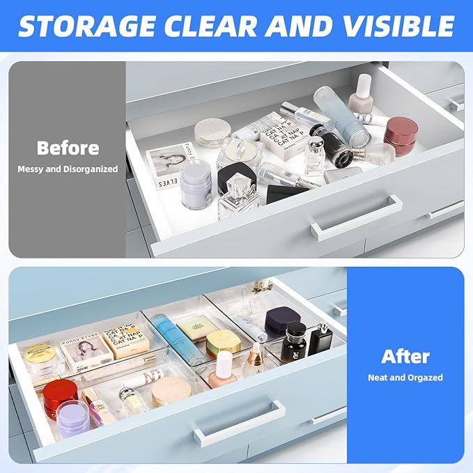 6 PCS Large Drawer Organizer, 3Sizes Plastic Versatile Desk Drawer Organizer Trays with Non-Slip Silicone Pads, Storage Bins for Makeup, Office, Kitchen Gadgets Utensils, Bedroom, Tools, Bathroom