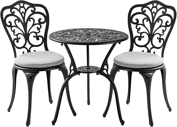 Patio Bistro Set 3 Piece with Cushions, All Weather Bistro Table and Chairs Set of 2 with Umbrella Hole, Outdoor Bistro Set, Cast Aluminum Patio Furniture Set for Garden Porch, Black