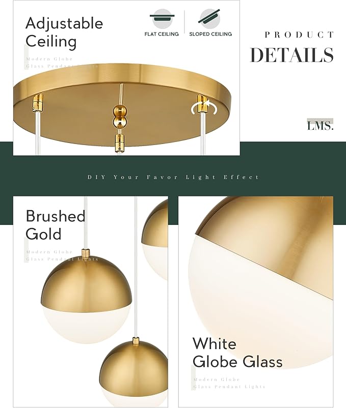 LMS Brushed Gold 3-Light Cluster Pendant Lights, Modern Kitchen Island Lighting with White Globe Glass Shade, Adjustable Hanging Cord Ceiling Light for Bathroom Bedroom Dining Room, LMS-186BG3