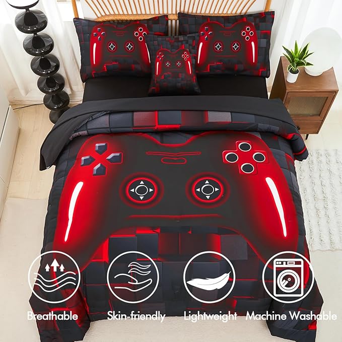 PERFEMET 6-Piece Boys Comforter Set Full Size Game Console Bedding Set for Kids Teen 3D Black and Red Gamepad Gaming Bed in a Bag Matching Sheet Set(Red, Full)