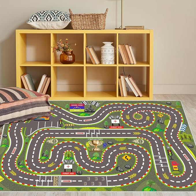 Kids Rug, Race Track Playmat Rugs 118×78 in Kids Carpet with Rubber Backing, Start and Finish line Racing Track Marking Car Road Race 3D Play Mat Nursery Rugs for Children Bedroom Playroom