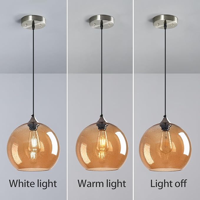Amber Glass Pendant Lights Kitchen Island Globe Pendant Light Fixtures Modern Pendant Lighting for Bedroom Living Dining Room Light Fixture (9.84 in, 1 Pack)