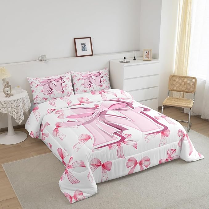 jejeloiu Kids Girls Cute Pink Bow Comforter Set Full Size Monogrammed Bedding Set Ultra Soft Personalized Initial N Duvet Quilt Coquette Bow Knot Quilt Set Room Decor Modern Fashion Comforter