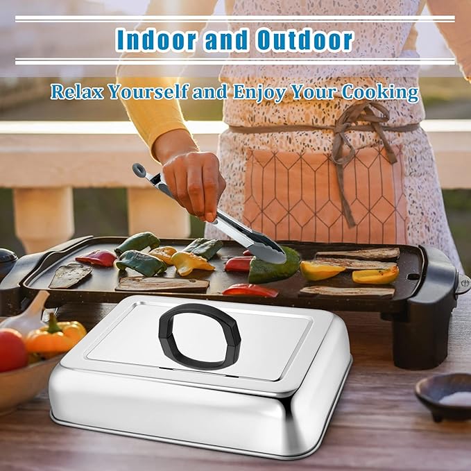 2PCS Rectangular Basting Cover, HaSteeL Stainless Steel Cheese Melting Dome Steaming Cover Lid, Heavy Duty Griddle Grill Accessories for Flat Top BBQ Kitchen Indoor & Outdoor, Dishwasher Safe