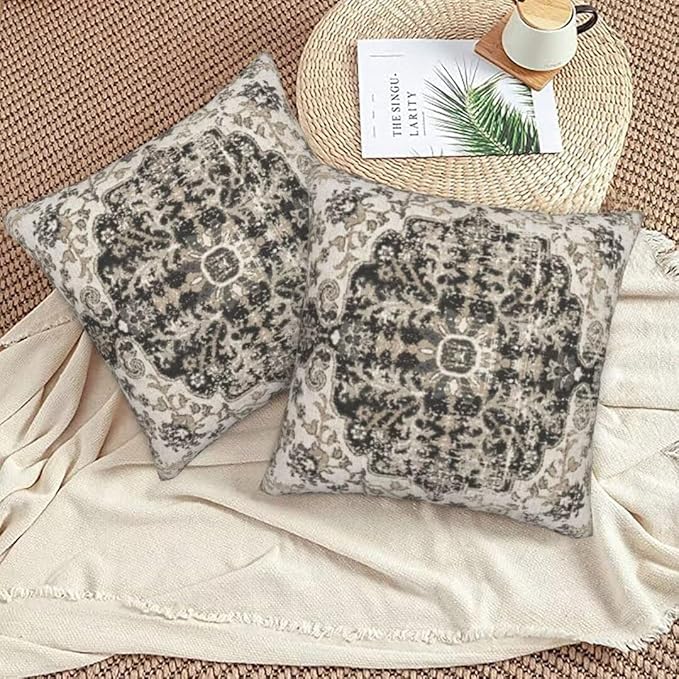 Boho Throw Pillow Covers 22x22 Set of 2, Black Brown Carpet Pattern Pillow Covers Ethnic Rustic Farmhouse Cushion Cases Linen Decorative Gifts for Couch Sofa Indoor Outdoor