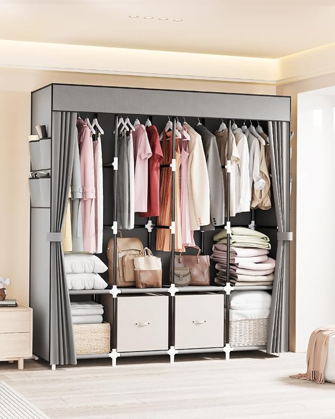 Mavivegue Portable Closet Wardrobe, Clothes Organizer with 4 Hanging Rods, Non-Woven Fabric Cover, Large Capacity Storage for Bedroom and Living Room,Gray, 67" W x 17" D x 67" H