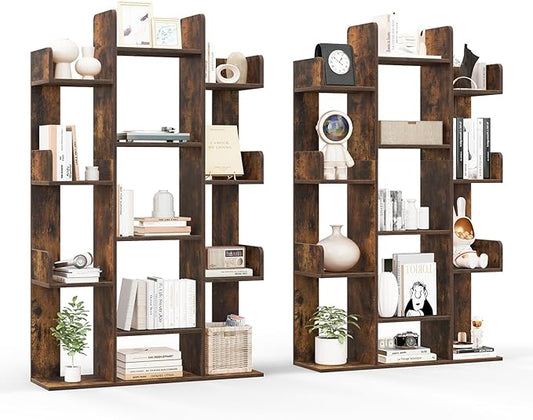 Tangkula Freestanding Tree Bookshelf, Corner Storage Organizer with 13 Open Shelves, Decorative Display Cube Shelf for Living Room, Study, Office, 34 x 9.5 x 55.5 Inch (2, Rustic Brown)