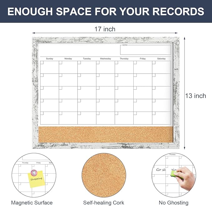 Dry Erase Calendar for Wall, 17x13 Inches Whiteboard Calendar Cork Board Combo, Magnetic Small White Board with Wood Framed, Hanging Dry Erase Board for Office Kitchen Home Planner Memo