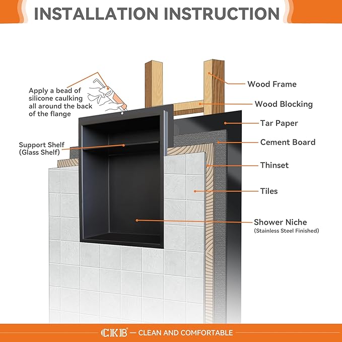 CKB Shower Niche Stainless Steel, 12 Inch x 12 Inch x 4 Inch Depth, Recessed Shower Shelf with Matte Black