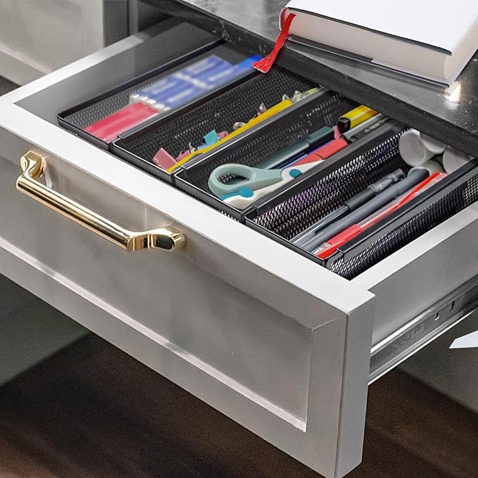 4PCS Drawer Organizer for Kitchen, Utensil Mesh Organizer With Interlocking Arm for Cosmetic, Flatware, Pen (12 * 3 * 2 Inches, Black)