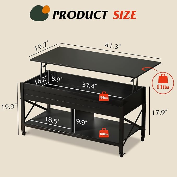 WLIVE Coffee Table, 41.3" Lift Top Coffee Table with 4 Wheels, Hidden Compartment, Storage Shelf and Lift Tabletop for Living Room, Reception Room, Black