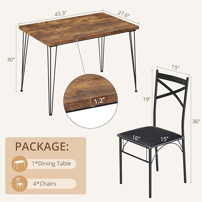 VECELO Kitchen Dining Room Table Set with 4 Chairs for Small Space, Apartment,Metal Steel Frame