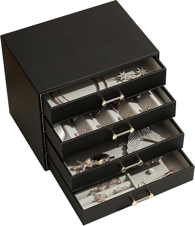 Jewelry Organizer with 4 Drawers, Women Jewelry Box with 6 Jewelry Trays Stackable Jewelry Holder for Earrings Ring Bracelet Necklace, Black