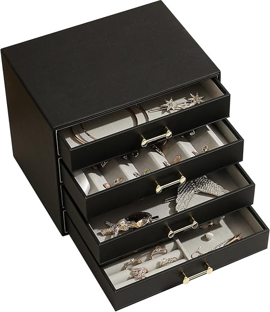 Jewelry Organizer with 4 Drawers, Women Jewelry Box with 6 Jewelry Trays Stackable Jewelry Holder for Earrings Ring Bracelet Necklace, Black