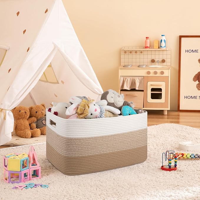 OIAHOMY Large Blanket Basket For Living Room, Rectangle Woven Baskets for Storage, Nursery Toy Storage With Handle-22”x17”x12”-Gradient Light Yellow