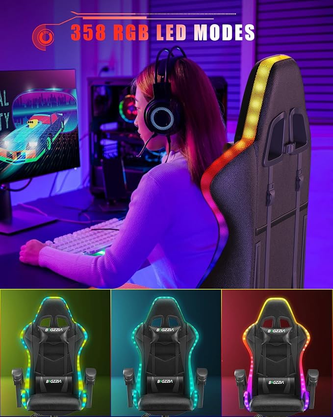 Bigzzia Gaming Chair with RGB LED Lights, High Back Ergonomic Computer Gamer Chair with Headrest and Lumbar Support, Racing Style Reclining Game Chair for Adults, Kids (Black)