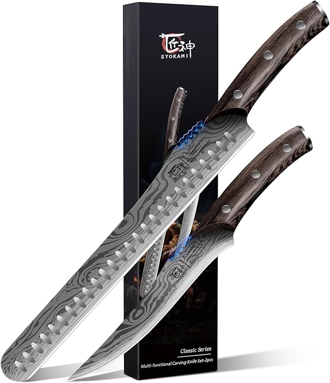 BBQ Carving Knives Set, Brisket Slicing Knife and Boning Knife for Meat Cutting, Razor Sharp Japanese Style High Carbon Steel Kitchen Knives, Wood Ergonomic Full Tang Handle, Ideal for Gift