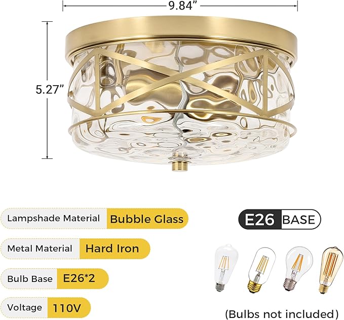 LamQee 9.8" Small Flush Mount Ceiling Light with Clear Hammered Glass, Brushed Gold Hallway Light Fixtures Ceiling Mount for Bathroom, 2-Lights Farmhouse Close to Ceiling Light Kitchen Foyer Bedroom