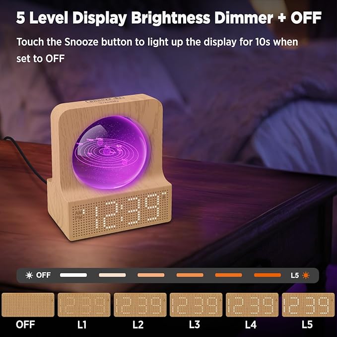 DreamSky Space Alarm Clock for Kids Teens, Small Digital Clock with RGB Night Light for Bedroom, Colorful Crystal Ball Decor for Living Room Office, Dimmer, Gifts for Boys Girls Women (Wood Grain)