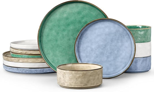 LIANYU 12 Piece Dinnerware Sets, Stoneware Tableware Dish Set for 4, Plates and Bowls Dishware for Dinner Dessert Pasta, Chip & Scratch Resistant, Multi-color