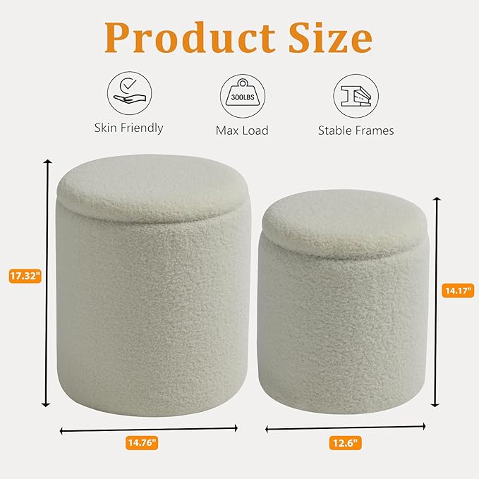 Round Ottoman with Storage Set of 2-Upholstered Sherpa Vanity Stool for MakeupMultifunctional Ottomans Coffee Table Padded Seat Foot Rest for LivingRoom&Bedroom(Sherpa White)