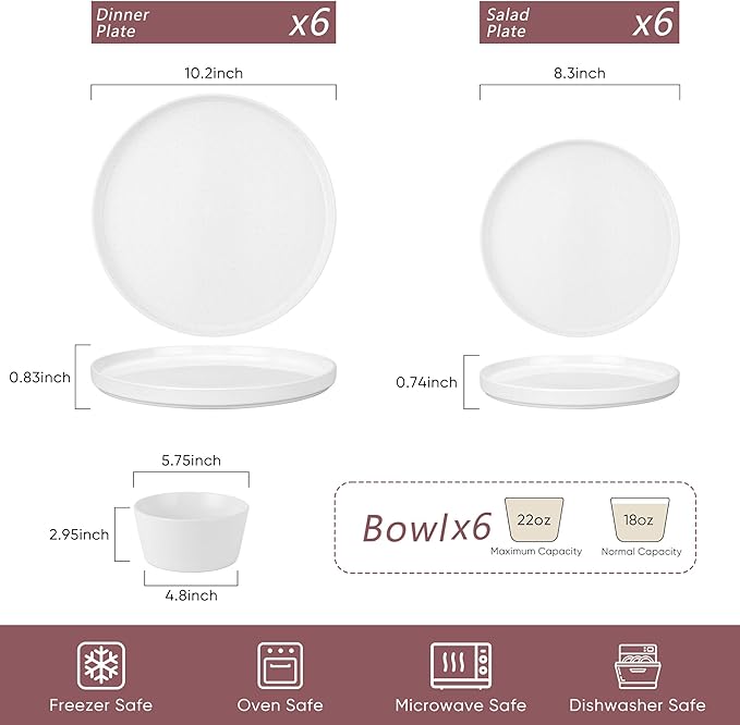 Herogo 18 Pieces Stoneware Dinnerware Dishes Set for 6, Dinner Plates and Bowls Sets, Reactive Glaze, Chip & Crack Resistant, Microwave & Dishwasher Safe, Speckled White