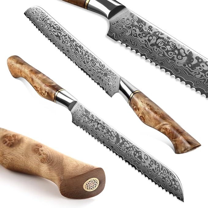 HEZHEN 8.3 Inch Serrated Bread Knife, Damascus Steel Cake Knife,High Carbon Steel Kitchen Knife, Wood Handle and Gift Box
