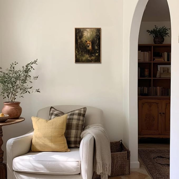 Djmwtb Vintage Framed Wall Art Fox Canvas Wall Art Prints Woodland Animal Painting Forest Pictures Artwork for Living Room Bedroom Bathroom Office 12x16in