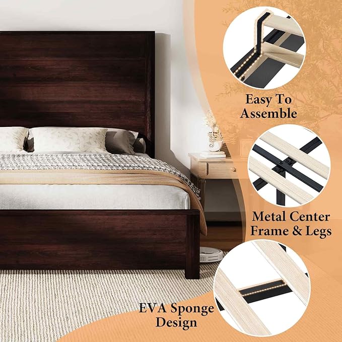AMERLIFE Full Size 51.2" Wood Bed Frame, Rustic Platform Bed with Spliced Headboard, Wood Slats Support/Noiseless/No Box Spring Needed/Dark Brown