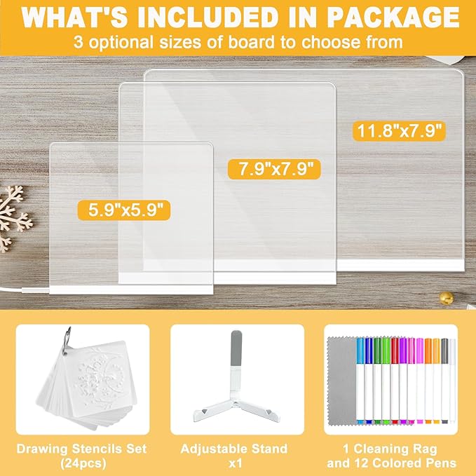 LED Acrylic Message Board, Light Up Acrylic Dry Erase Board 7.9x7.9” with Stand, LED Note Board with Colors for Kids, Glow Memo Message Writing Board with Light, Drawing Stencils Set Included