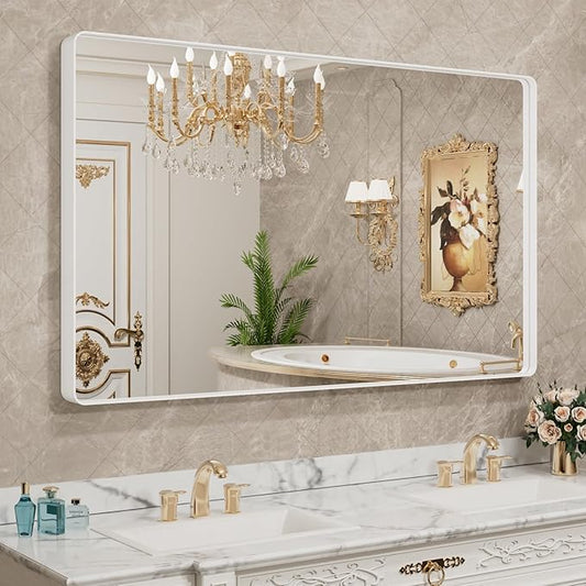 LOAAO 55x30 Inch White Metal Framed Bathroom Mirror for Wall, White Bathroom Vanity Mirror Farmhouse, Large Rounded Rectangle Mirror, Anti-Rust, Tempered Glass, Hangs Horizontally or Vertically