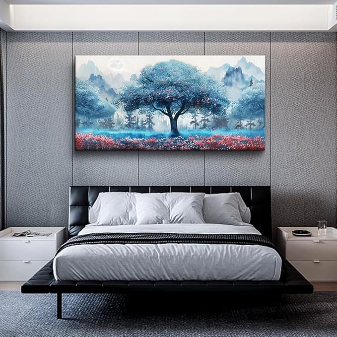MHARTK66 Large Wall Art For Living Room Canvas Wall Decor For Bedroom Office Decorations Blue Tree Landscape Wall Paintings Farmhouse Pictures Artwork Home Decor Ready To Hang Posters 48"X24"