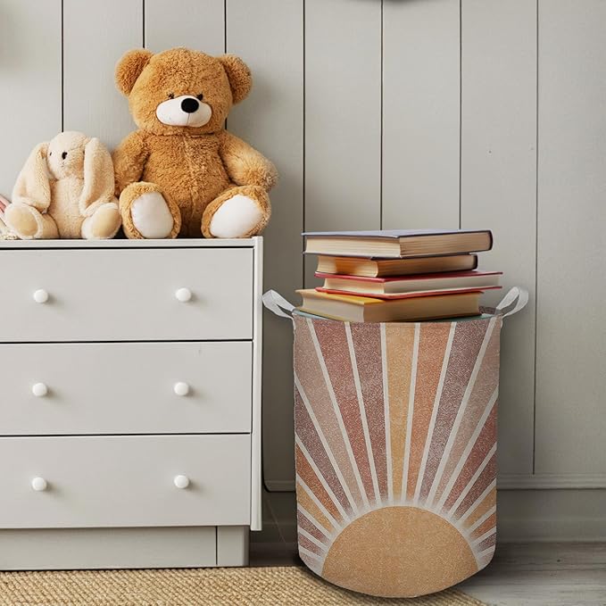 Boho Laundry Basket, Mid Century Modern Boho Neutral Sun Sunshine Waterproof Collapsible Laundry Hamper Dirty Clothes Storage Toy Bin Organizer for Bathroom Bedroom Nursery Girls Kids Room